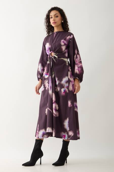 Shop_Son Of A Noble Snob_Purple Cotton Satin Round Neck Grace Midi Dress _Online_at_Aza_Fashions