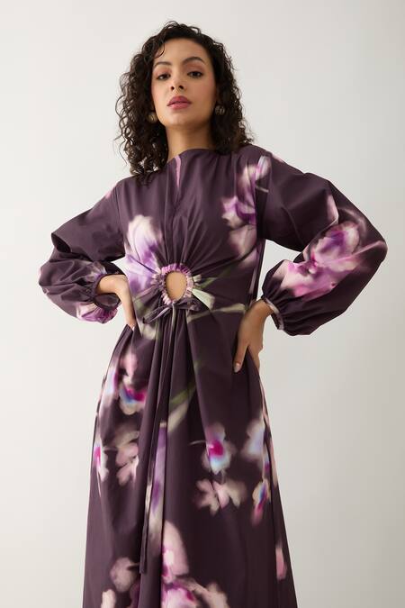 Son Of A Noble Snob_Purple Cotton Satin Round Neck Grace Midi Dress _at_Aza_Fashions
