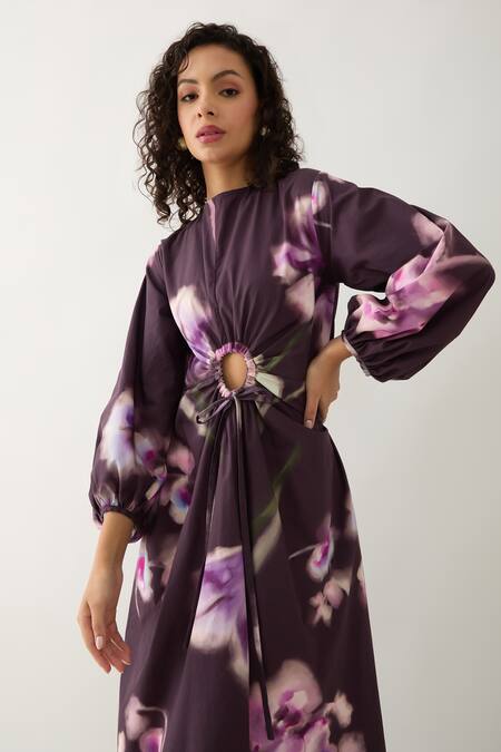 Buy_Son Of A Noble Snob_Purple Cotton Satin Round Neck Grace Midi Dress 