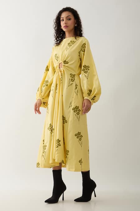 Son Of A Noble Snob Yellow Cotton Satin Round Neck Grace Farm Print Dress Online at Aza Fashions Son Of A Noble Snob_Yellow Cotton Satin Round Neck Grace Farm Print Dress _Online_at_Aza_Fashions
