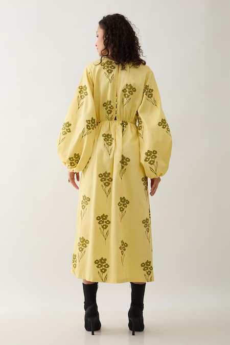 Shop Son Of A Noble Snob Yellow Cotton Satin Round Neck Grace Farm Print Dress at Aza Fashions Shop_Son Of A Noble Snob_Yellow Cotton Satin Round Neck Grace Farm Print Dress _at_Aza_Fashions