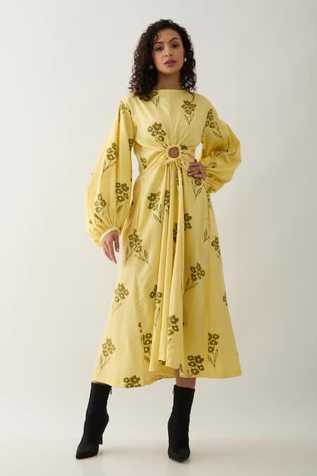 Son of A Noble Snob Yellow Cotton Satin Round Neck Grace Farm Print Dress 
