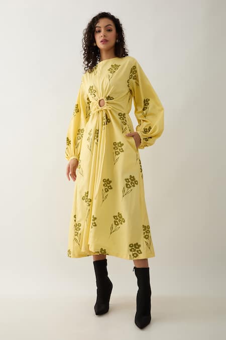 Shop Son Of A Noble Snob Yellow Cotton Satin Round Neck Grace Farm Print Dress Online at Aza Fashions Shop_Son Of A Noble Snob_Yellow Cotton Satin Round Neck Grace Farm Print Dress _Online_at_Aza_Fashions