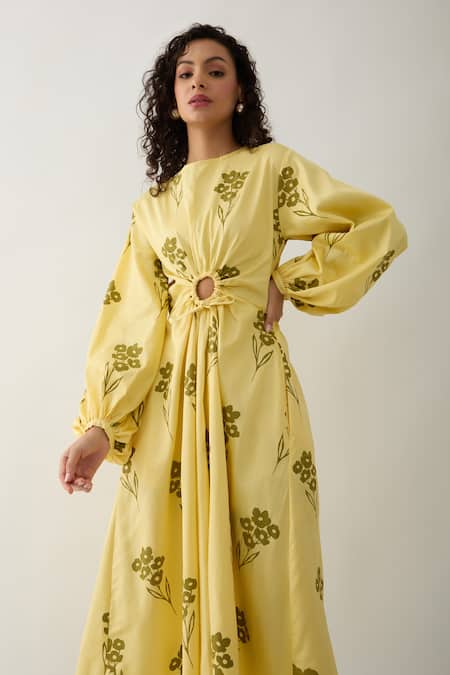 Son Of A Noble Snob Yellow Cotton Satin Round Neck Grace Farm Print Dress at Aza Fashions Son Of A Noble Snob_Yellow Cotton Satin Round Neck Grace Farm Print Dress _at_Aza_Fashions
