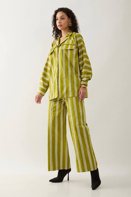 Son Of A Noble Snob_Green Cotton Satin Collared Leaf Catkin Print Shirt And Trouser Set _Online_at_Aza_Fashions