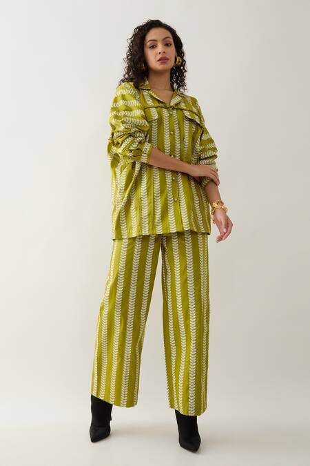 Buy_Son Of A Noble Snob_Green Cotton Satin Collared Leaf Catkin Print Shirt And Trouser Set _Online_at_Aza_Fashions