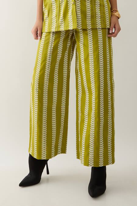 Shop_Son Of A Noble Snob_Green Cotton Satin Collared Leaf Catkin Print Shirt And Trouser Set _Online_at_Aza_Fashions