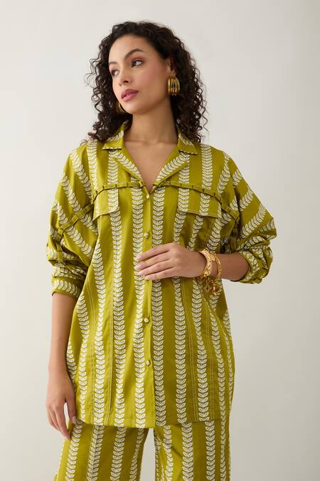 Son Of A Noble Snob_Green Cotton Satin Collared Leaf Catkin Print Shirt And Trouser Set _at_Aza_Fashions