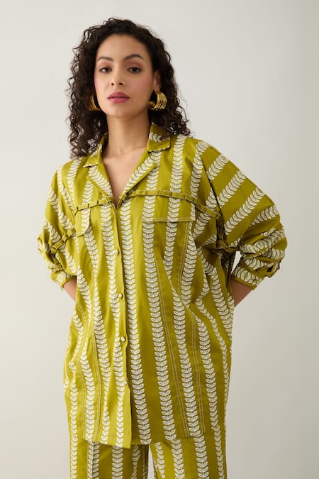 Buy Son Of A Noble Snob Green Cotton Satin Collared Harley Catkin Print Shirt Buy_Son Of A Noble Snob_Green Cotton Satin Collared Harley Catkin Print Shirt