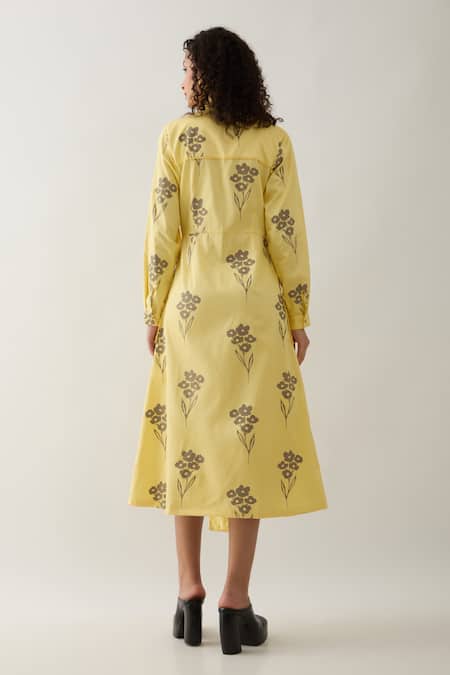 Son Of A Noble Snob Lemon Yellow Farm Print Midi Dress 