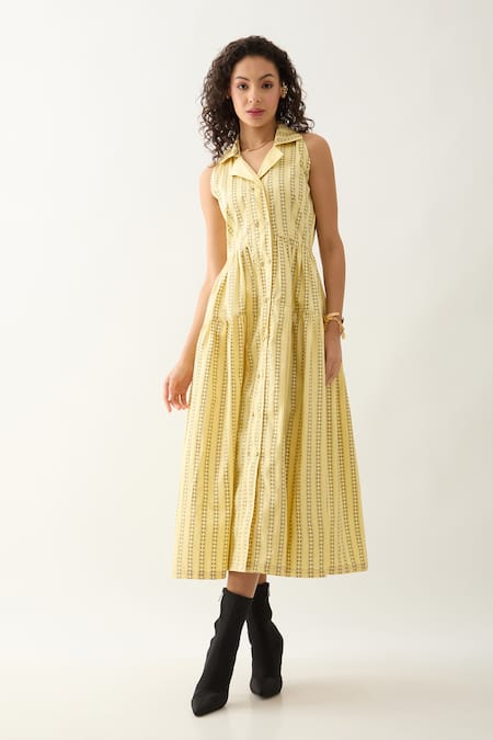 Son Of A Noble Snob Yellow Cotton Satin Collared Liam Catkin Print Midi Dress Online at Aza Fashions Son Of A Noble Snob_Yellow Cotton Satin Collared Liam Catkin Print Midi Dress _Online_at_Aza_Fashions