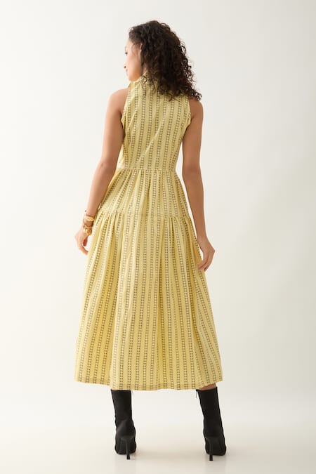 Shop Son Of A Noble Snob Yellow Cotton Satin Collared Liam Catkin Print Midi Dress at Aza Fashions Shop_Son Of A Noble Snob_Yellow Cotton Satin Collared Liam Catkin Print Midi Dress _at_Aza_Fashions