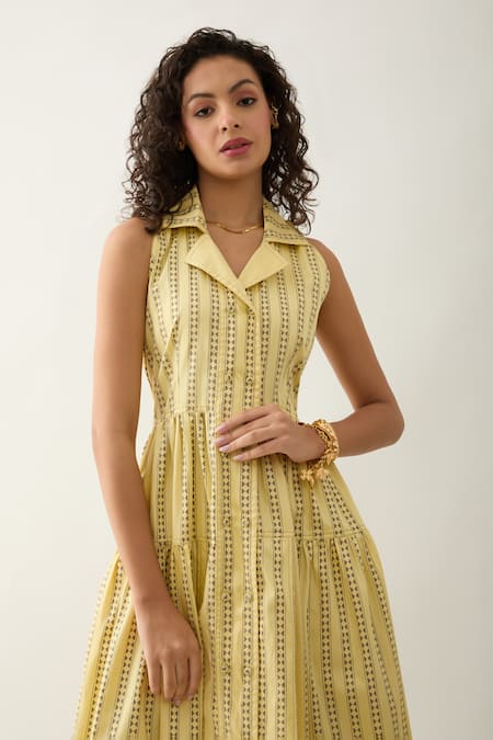 Shop Son Of A Noble Snob Yellow Cotton Satin Collared Liam Catkin Print Midi Dress Online at Aza Fashions Shop_Son Of A Noble Snob_Yellow Cotton Satin Collared Liam Catkin Print Midi Dress _Online_at_Aza_Fashions