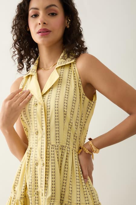 Son Of A Noble Snob Yellow Cotton Satin Collared Liam Catkin Print Midi Dress at Aza Fashions Son Of A Noble Snob_Yellow Cotton Satin Collared Liam Catkin Print Midi Dress _at_Aza_Fashions