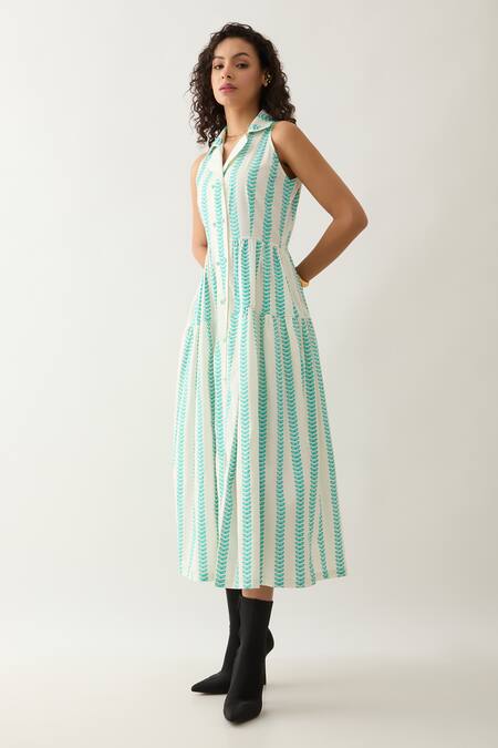 Son Of A Noble Snob_Off White Cotton Satin Collared Catkin Print Sleeveless Midi Dress _Online_at_Aza_Fashions