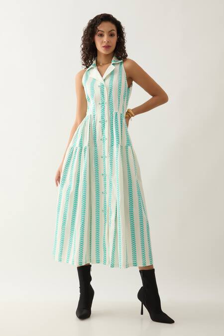 Buy_Son Of A Noble Snob_Off White Cotton Satin Collared Catkin Print Sleeveless Midi Dress _Online_at_Aza_Fashions