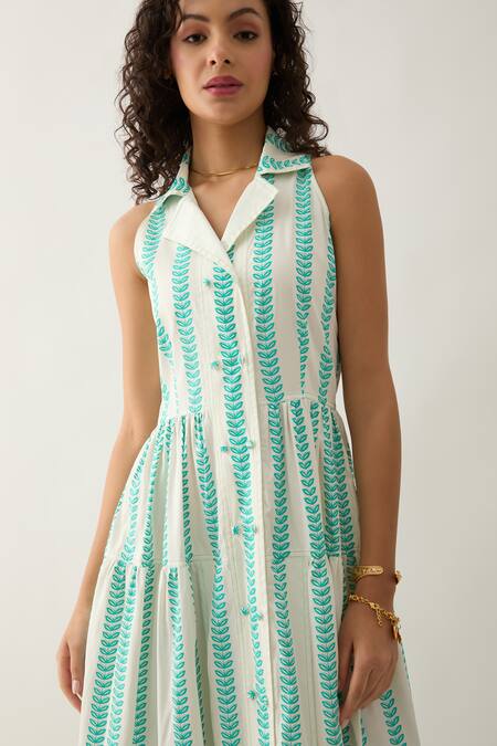 Son Of A Noble Snob_Off White Cotton Satin Collared Catkin Print Sleeveless Midi Dress _at_Aza_Fashions