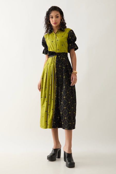 Son of A Noble Snob Green Cotton Satin Collared Magnum Dress With Regal Print 