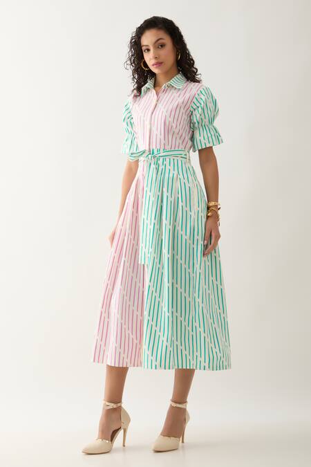 Son Of A Noble Snob_Multi Color Cotton Satin Collared Magnum A-line Dress With Belt _Online_at_Aza_Fashions