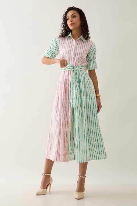 Buy_Son Of A Noble Snob_Multi Color Cotton Satin Collared Magnum A-line Dress With Belt _Online_at_Aza_Fashions