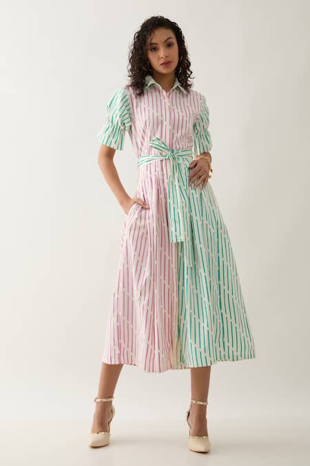 Son of A Noble Snob Multi Color Cotton Satin Collared Magnum A-line Dress With Belt 