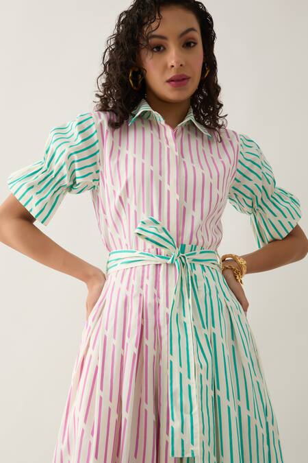 Shop_Son Of A Noble Snob_Multi Color Cotton Satin Collared Magnum A-line Dress With Belt _Online_at_Aza_Fashions