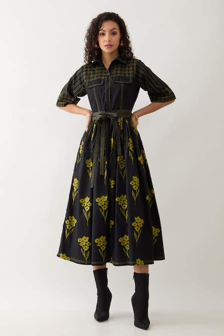 Son of A Noble Snob Black Cotton Satin Collared Mamba Farm Print Midi Dress 