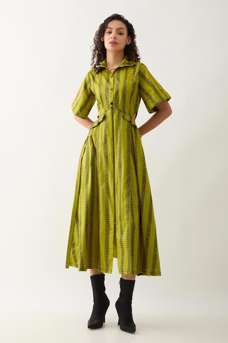 Son of A Noble Snob Green Cotton Satin Collared Leaf Catkin Print Midi Dress 