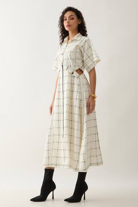 Son Of A Noble Snob_Off White Cotton Satin Collared Martin Regal Print Midi Dress _Online_at_Aza_Fashions