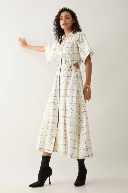 Buy_Son Of A Noble Snob_Off White Cotton Satin Collared Martin Regal Print Midi Dress _Online_at_Aza_Fashions