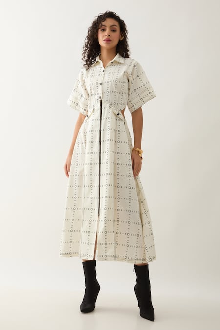 Son of A Noble Snob Off White Cotton Satin Collared Martin Regal Print Midi Dress 