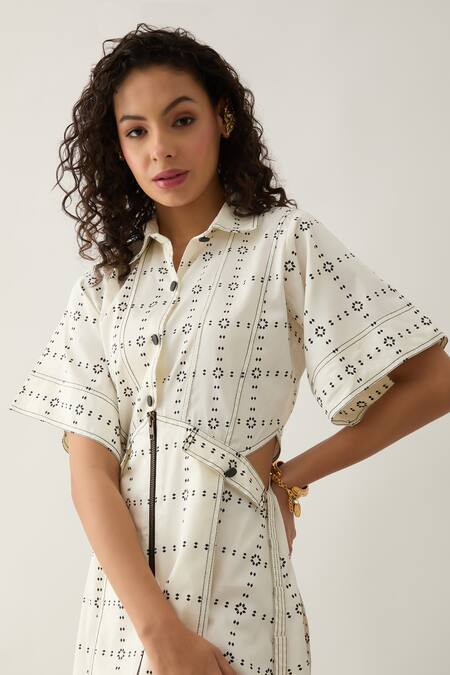 Shop_Son Of A Noble Snob_Off White Cotton Satin Collared Martin Regal Print Midi Dress _Online_at_Aza_Fashions