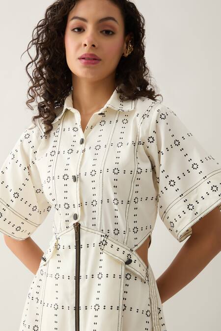 Son Of A Noble Snob_Off White Cotton Satin Collared Martin Regal Print Midi Dress _at_Aza_Fashions