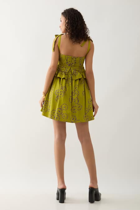 Shop Son Of A Noble Snob Green Cotton Satin Square Neck Leaf Anther Print Dress at Aza Fashions Shop_Son Of A Noble Snob_Green Cotton Satin Square Neck Leaf Anther Print Dress _at_Aza_Fashions