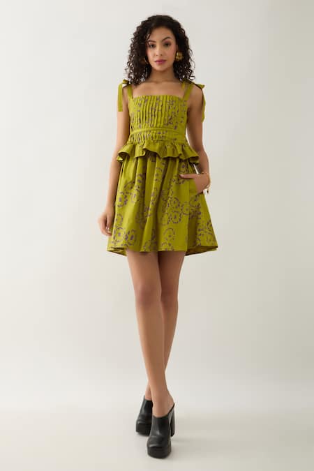 Son of A Noble Snob Green Cotton Satin Square Neck Leaf Anther Print Dress 