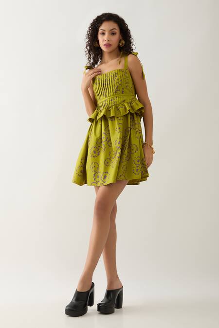 Shop Son Of A Noble Snob Green Cotton Satin Square Neck Leaf Anther Print Dress Online at Aza Fashions Shop_Son Of A Noble Snob_Green Cotton Satin Square Neck Leaf Anther Print Dress _Online_at_Aza_Fashions