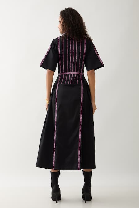 Shop Son Of A Noble Snob Black Cotton Satin Collared, V-neck Mosaic Print Fit-and-flare Dress at Aza Fashions Shop_Son Of A Noble Snob_Black Cotton Satin Collared, V-neck Mosaic Print Fit-and-flare Dress _at_Aza_Fashions