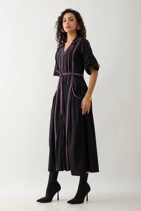 Son Of A Noble Snob Black Cotton Satin Collared, V-neck Mosaic Print Fit-and-flare Dress Online at Aza Fashions Son Of A Noble Snob_Black Cotton Satin Collared, V-neck Mosaic Print Fit-and-flare Dress _Online_at_Aza_Fashions