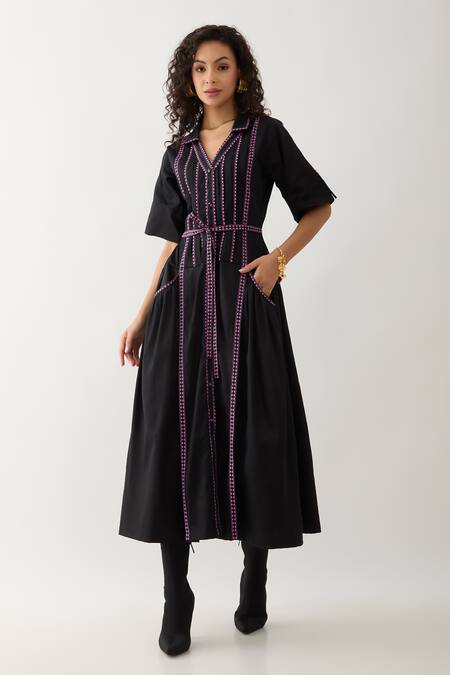 Buy Son Of A Noble Snob Black Cotton Satin Collared, V-neck Mosaic Print Fit-and-flare Dress Online at Aza Fashions Buy_Son Of A Noble Snob_Black Cotton Satin Collared, V-neck Mosaic Print Fit-and-flare Dress _Online_at_Aza_Fashions