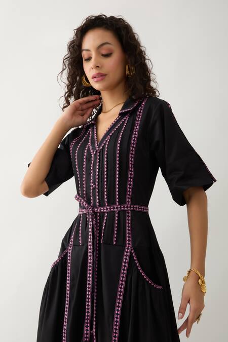 Son Of A Noble Snob Black Cotton Satin Collared, V-neck Mosaic Print Fit-and-flare Dress at Aza Fashions Son Of A Noble Snob_Black Cotton Satin Collared, V-neck Mosaic Print Fit-and-flare Dress _at_Aza_Fashions