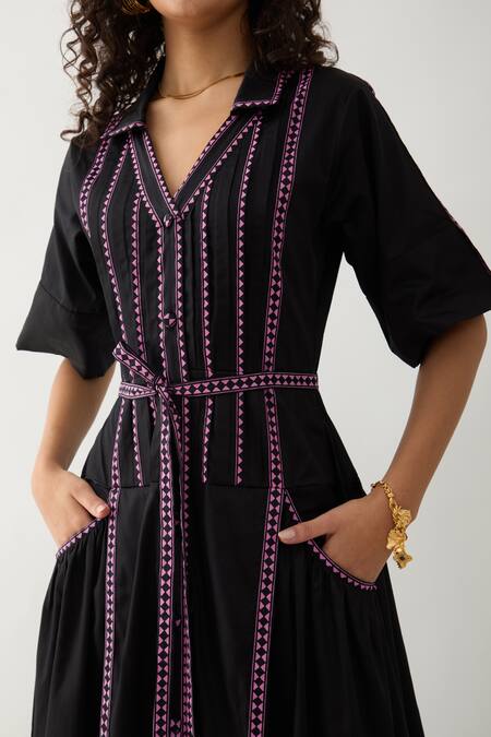 Buy Son Of A Noble Snob Black Cotton Satin Collared, V-neck Mosaic Print Fit-and-flare Dress Buy_Son Of A Noble Snob_Black Cotton Satin Collared, V-neck Mosaic Print Fit-and-flare Dress