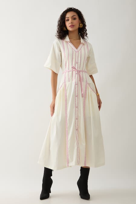 Son Of A Noble Snob Off White Cotton Satin Collared, V-neck Mosaic Print Fit-and-flare Dress Online at Aza Fashions Son Of A Noble Snob_Off White Cotton Satin Collared, V-neck Mosaic Print Fit-and-flare Dress _Online_at_Aza_Fashions