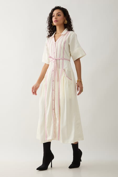 Buy Son Of A Noble Snob Off White Cotton Satin Collared, V-neck Mosaic Print Fit-and-flare Dress Online at Aza Fashions Buy_Son Of A Noble Snob_Off White Cotton Satin Collared, V-neck Mosaic Print Fit-and-flare Dress _Online_at_Aza_Fashions