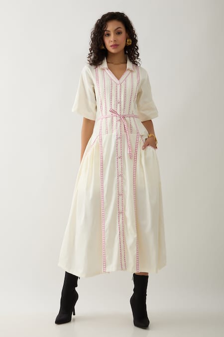 Son of A Noble Snob Off White Cotton Satin Collared, V-neck Mosaic Print Fit-and-flare Dress 