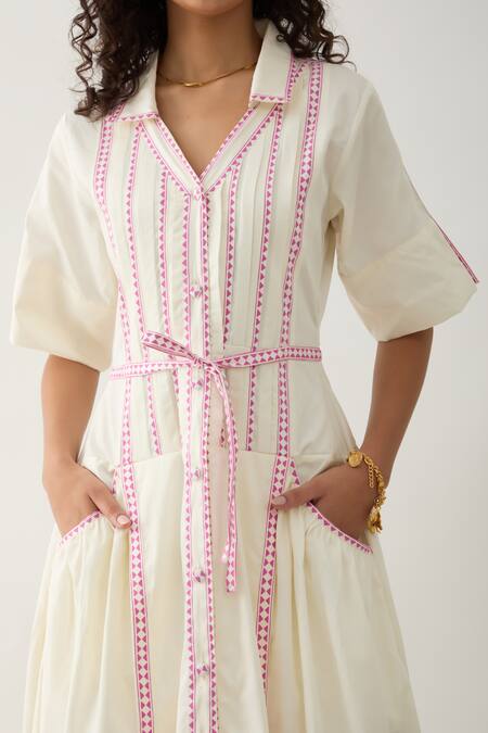 Shop Son Of A Noble Snob Off White Cotton Satin Collared, V-neck Mosaic Print Fit-and-flare Dress Online at Aza Fashions Shop_Son Of A Noble Snob_Off White Cotton Satin Collared, V-neck Mosaic Print Fit-and-flare Dress _Online_at_Aza_Fashions