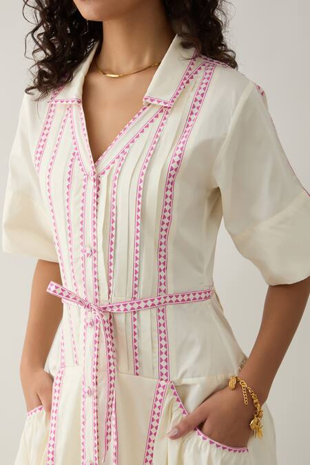 Son Of A Noble Snob Off White Cotton Satin Collared, V-neck Mosaic Print Fit-and-flare Dress at Aza Fashions Son Of A Noble Snob_Off White Cotton Satin Collared, V-neck Mosaic Print Fit-and-flare Dress _at_Aza_Fashions