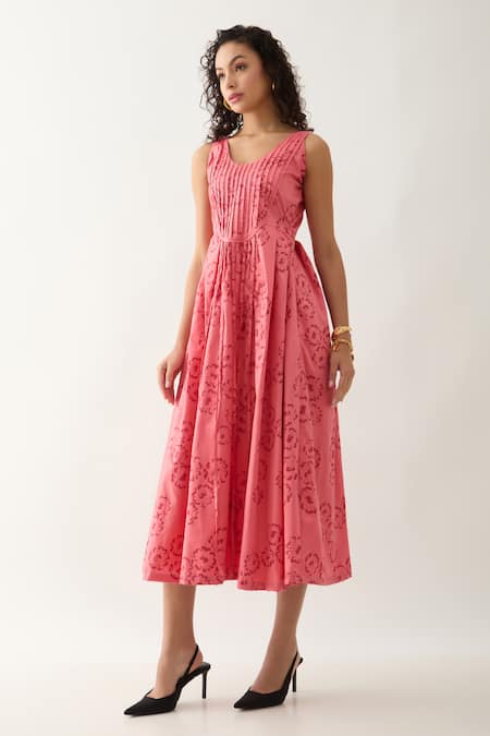 Son Of A Noble Snob Pink Cotton Satin Round Neck Naru Salmon Midi Dress Online at Aza Fashions Son Of A Noble Snob_Pink Cotton Satin Round Neck Naru Salmon Midi Dress _Online_at_Aza_Fashions