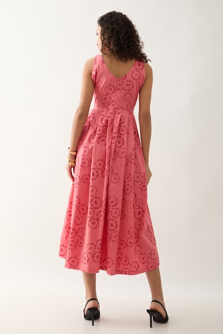 Shop Son Of A Noble Snob Pink Cotton Satin Round Neck Naru Salmon Midi Dress at Aza Fashions Shop_Son Of A Noble Snob_Pink Cotton Satin Round Neck Naru Salmon Midi Dress _at_Aza_Fashions