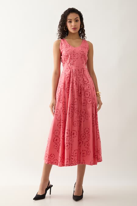 Son of A Noble Snob Pink Cotton Satin Round Neck Naru Salmon Midi Dress 