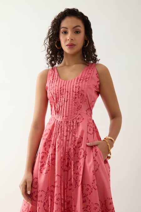 Shop Son Of A Noble Snob Pink Cotton Satin Round Neck Naru Salmon Midi Dress Online at Aza Fashions Shop_Son Of A Noble Snob_Pink Cotton Satin Round Neck Naru Salmon Midi Dress _Online_at_Aza_Fashions